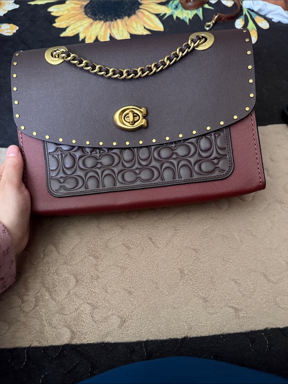 Coach Brown and Maroon Colorblock Turnlock Shoulder Bag